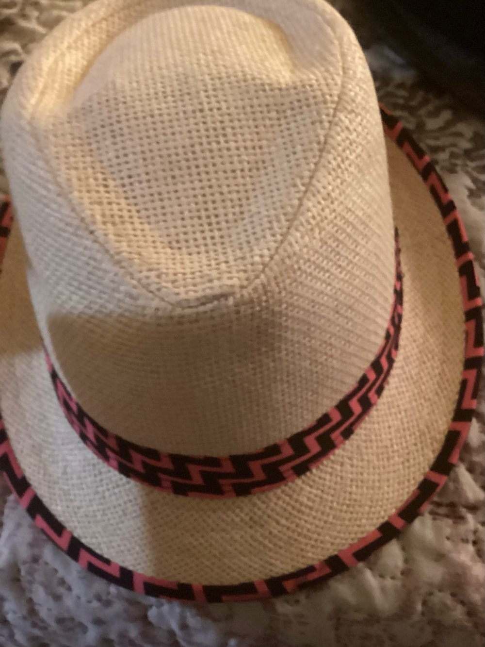 Magid Natural Straw Fedora with Pink & Black Chevron Band